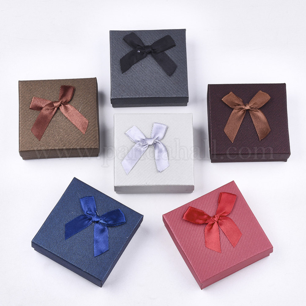 Cardboard Watch Boxes, with Sponge Insdie and Bowknot Ribbon, for Ring, Earrings and Bracelets, Square, Mixed Color, 9x9x3cm