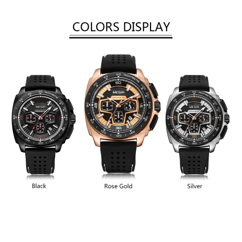 MEGIR Fashion Sport Silicone Men Watches 3ATM Water-resistant Quartz Luminous Man Wristwatch Chronograph Calendar