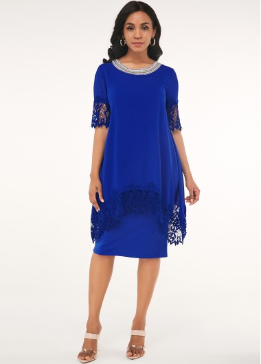 ROTITA Royal Blue Embellished Neck Lace Hem Dress