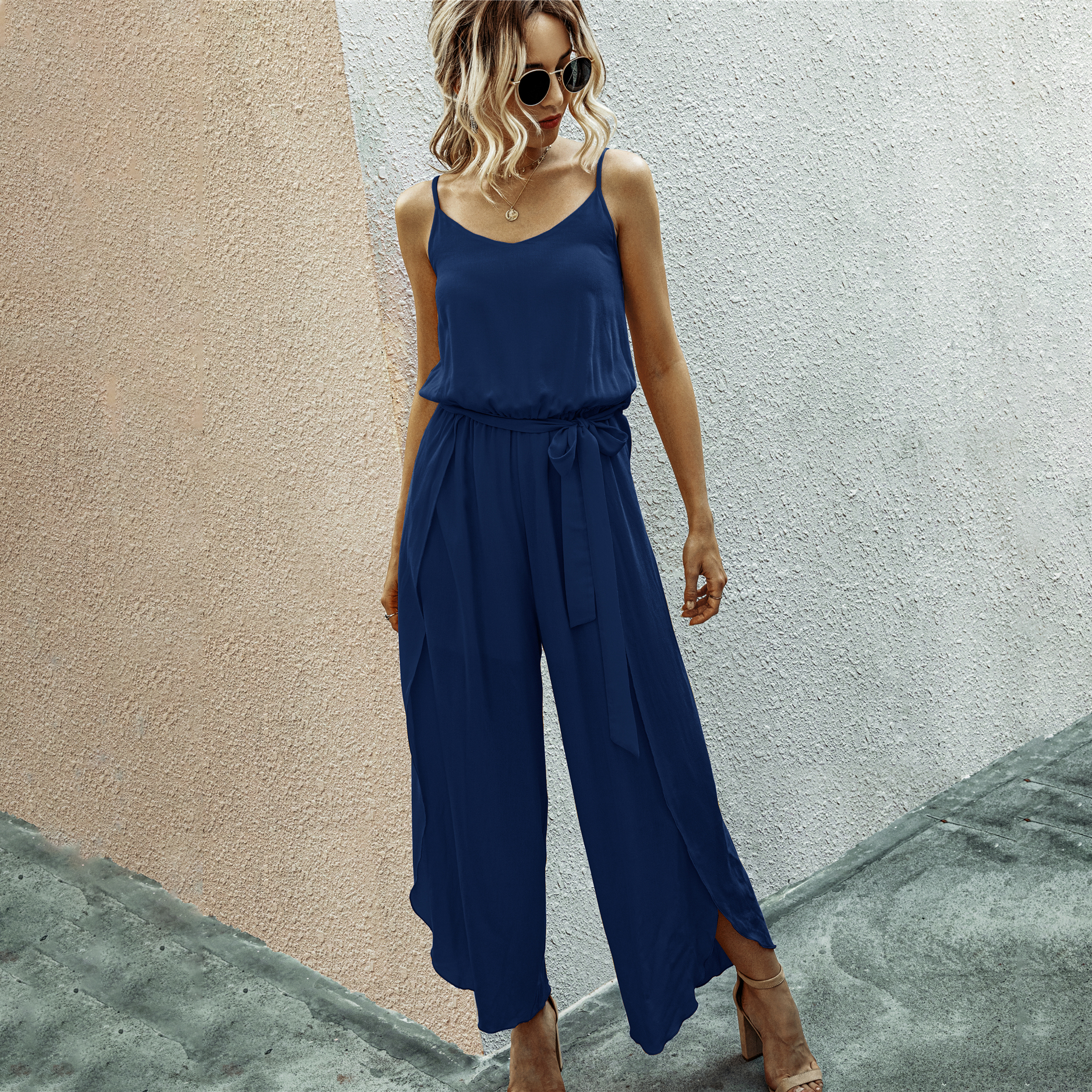 Casual V Neck Sleeveless Cinched waist Flounce Cinched waist Slit Jumpsuit