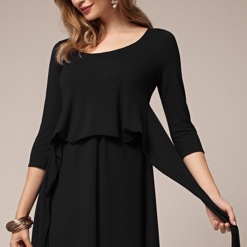 Women Maternity Nursing Dress Ruched Robe Round Neck 3/4 Sleeve Pregnancy Clothes With Belt Black S