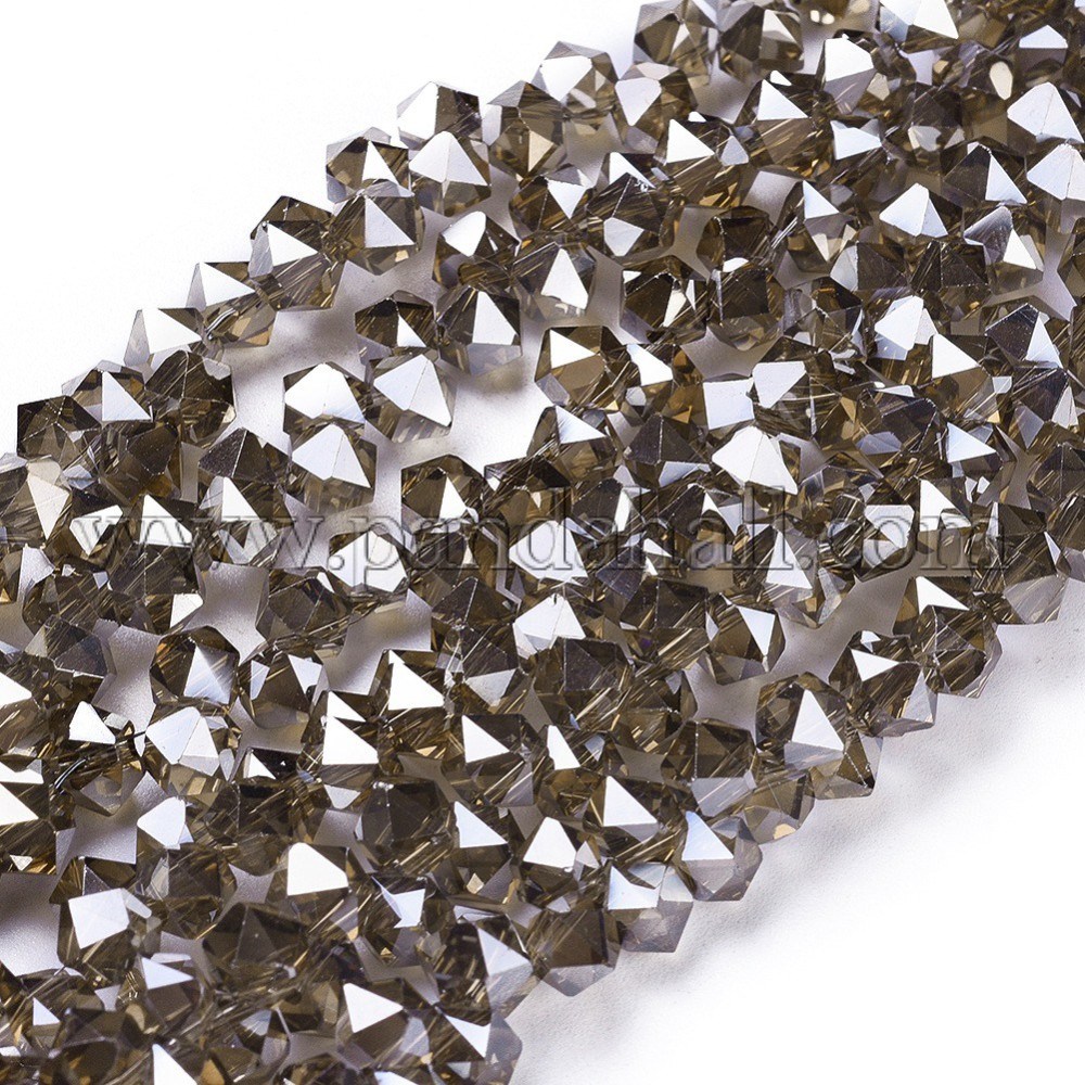 Electroplate Glass Beads Strands, Top Drilled Beads, Pearl Luster Plated, Faceted, Hexagon, Coffee, 6x6x4.5mm, Hole: 1.2mm; about 100pcs/strand, 11.42