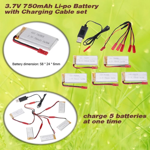 5Pcs 3.7V 750mAh Li-po Battery with Charging Cable Set for JJRC H12C/H12W RC Quadcopter