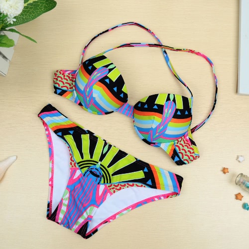 Sexy Women Bikini Set Colorful Print Halterneck Push Up Top Bottom Beach Swimwear Swimsuit Suit Green