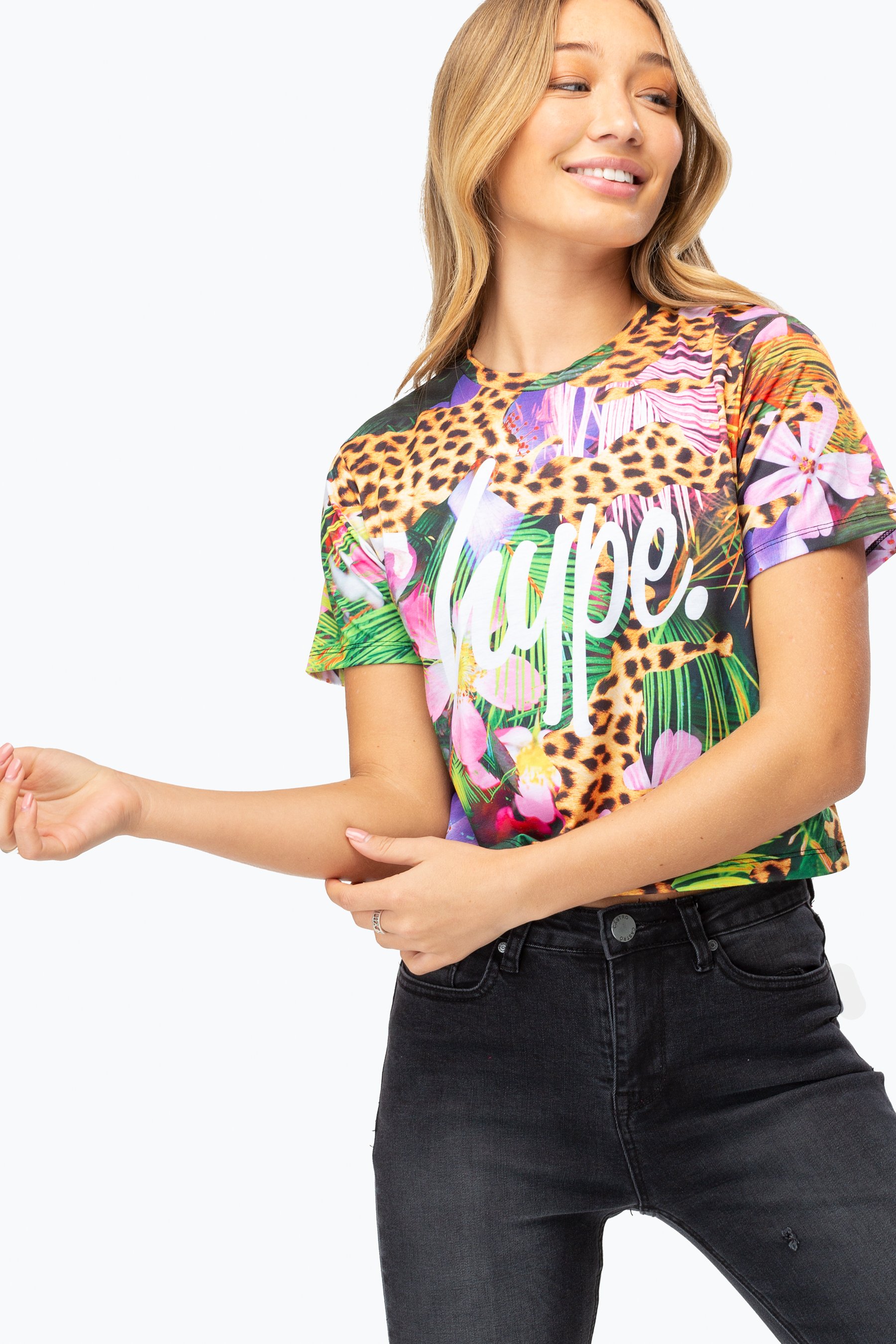 Hype Jungle Cat Mini Womens Crop Multi T-Shirt | Size 12