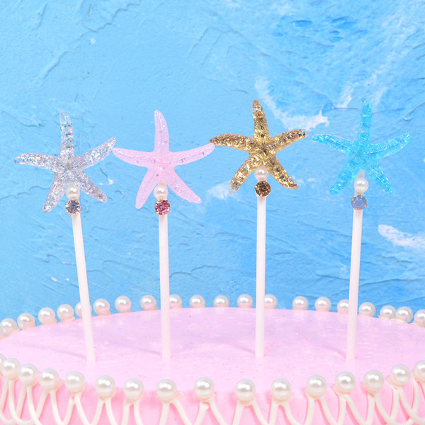 4pcs/lot colorful starfish happy birthday cake er resin pearl decoration anniversaire wedding cupcake ers party supplies