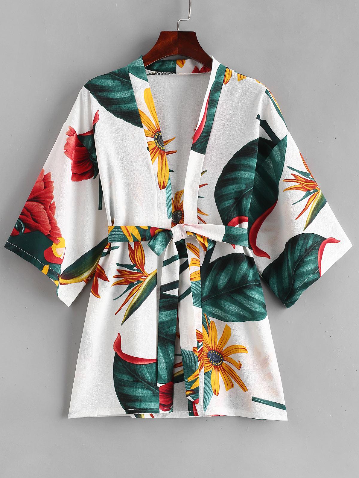 Kimono mit Pflanzenmustergürtel Xl Weiß