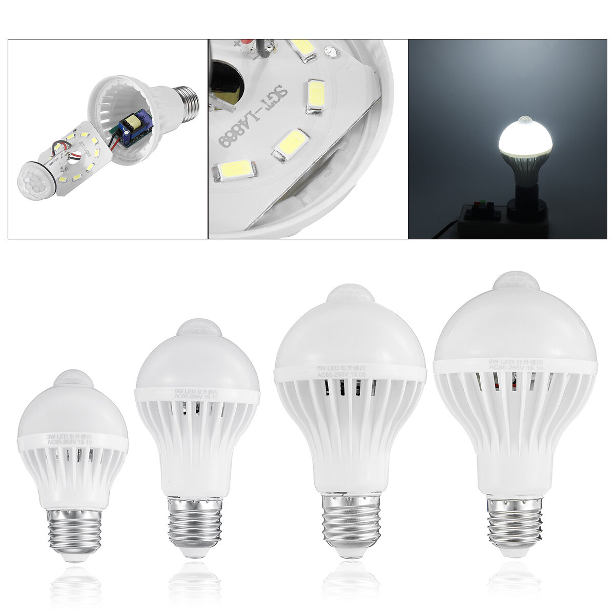 AC 85V-265V 6500K 240 lm 9W 120° E27 12 LED Globe Bulb Light Motion Sensor Lamp