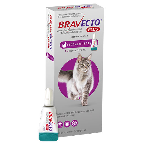 Bravecto Plus For Large Cats 500 Mg (13.75 To 27.5 Lbs) Purple 3 Doses