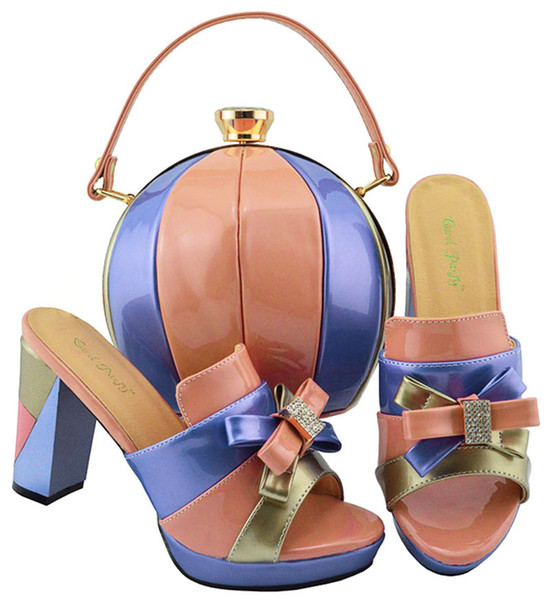 new fashion peach and blue women shoes with knot design african shoes and handbag set for dress md003,heel 9cm