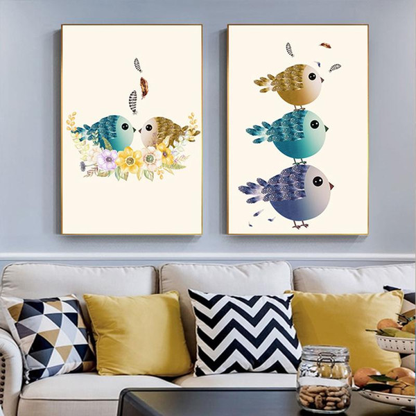 nordic cute colorful bird canvas painting lovely poster and print cartoon wall art picture for living room home decor (no frame)
