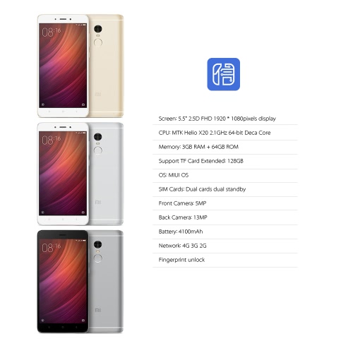 Xiaomi Redmi Note 4 Smartphone 4G-LTE MTK Helio X20 2.1GHz 64-bit Deca Core 5.5