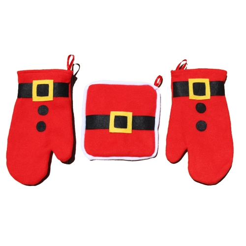 3PCS Microwave Oven Mitts Gloves with Heat-proof Pot Pad Christmas Design Cooking Baking Gloves