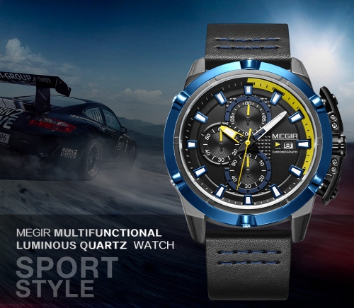 MEGIR Fashion Sport Men Watches 3ATM Water-resistant Quartz Luminous Man Wristwatch Chronograph Calendar