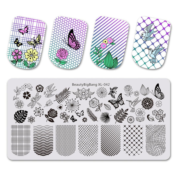 beautybigbang 6*12cm nail stamping plates stainless steel rectangle flower butterfly grid plaid bird image nail art stamp plate