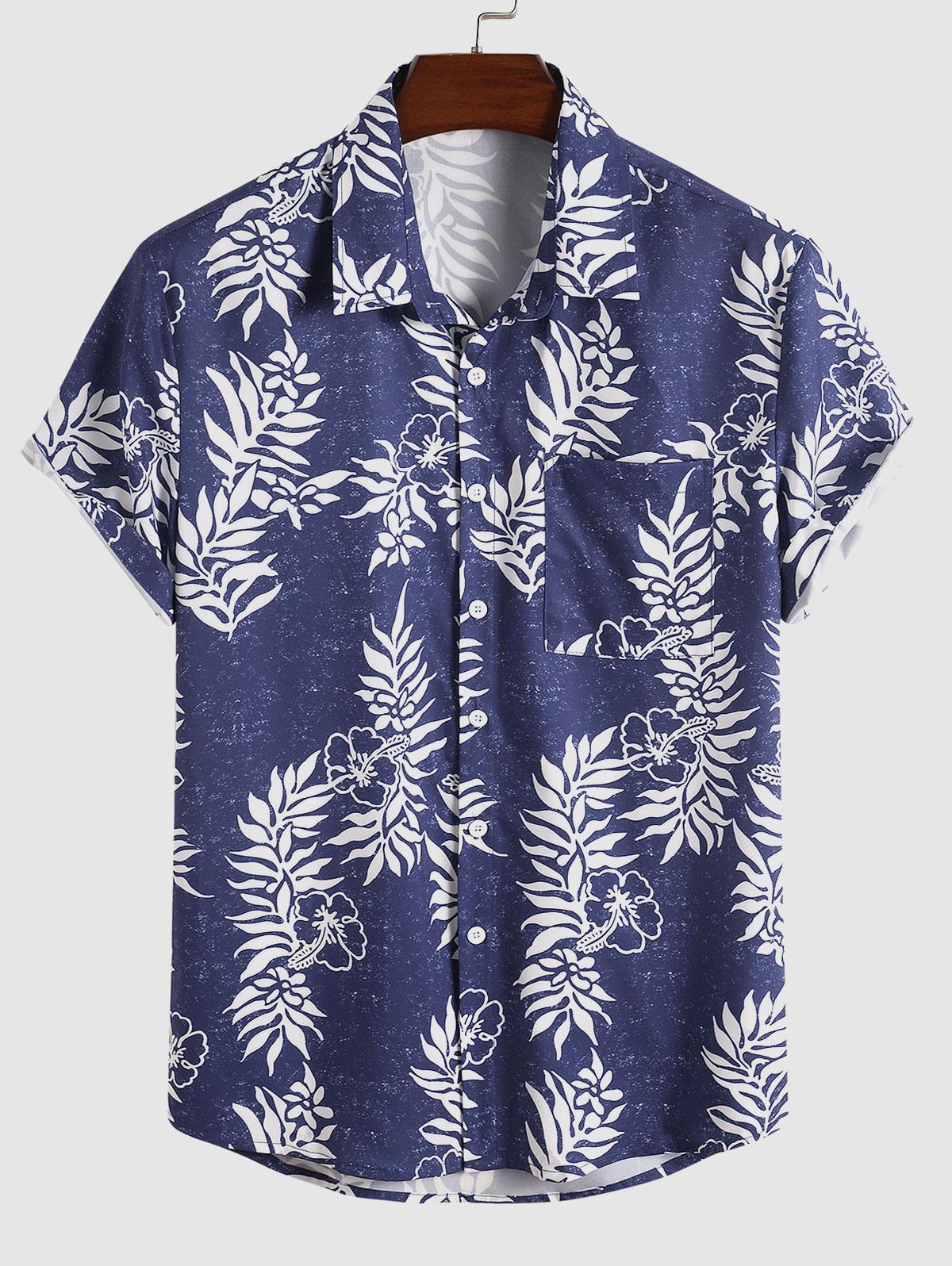 Floral Leaf Print Vacation Shirt Xxl Blue