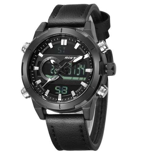 RISTOS Sport Quartz Digital Watch 3ATM Water-resistant Men Watch Backlight Genuine Leather Wristwatch Male Calendar