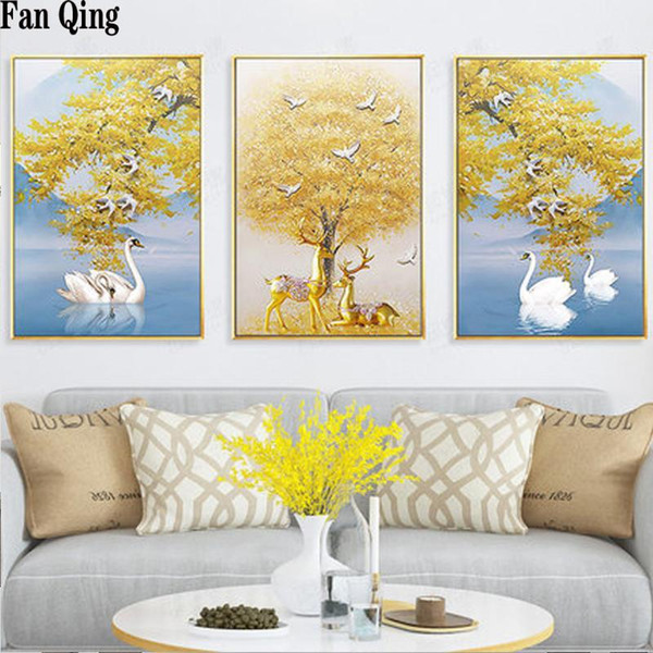 5d diy diamond painting cross stitch diamond embroidery golden tree white swan golden deer full drill mosaic rhinestone