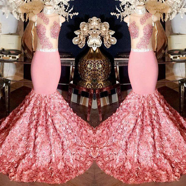 Gorgeous Pink Mermaid Prom Dresses Sheer Top With Appliques 3D Rose Flower Sweep Train Evening Gowns Cocktail Formal Party Dress