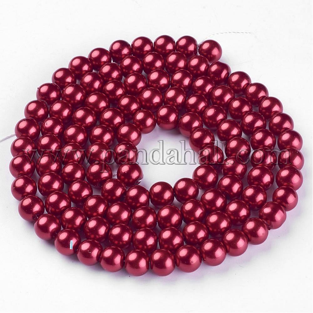 Glass Pearl Beads Strands, Pearlized, Round, FireBrick, 8mm, Hole: 1mm; about 105pcs/strand, 32