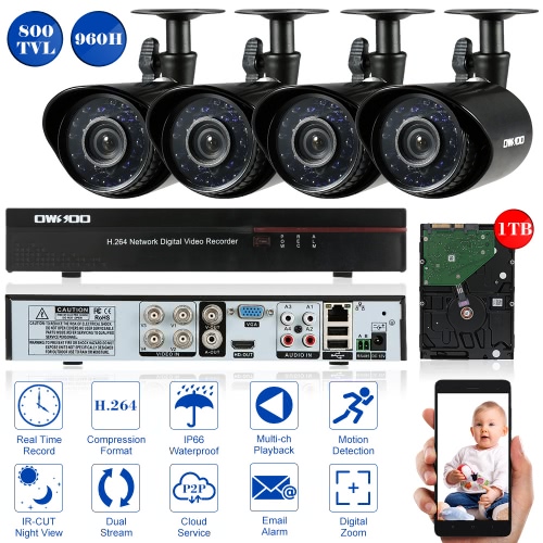 OWSOO 4CH Channel Full 960H / D1 800TVL Surveillance CCTV Système de sécurité DVR HD P2P Cloud Network Enregistreur vidéo numérique + 1TB Disque dur + 4 * Caméra balle infrarouge extérieure / intérieure + 4 * 60ft Support de câble IR-CUT Night Vision Weat