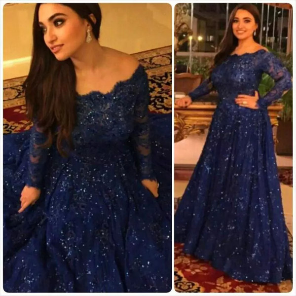 2017 Shinning Royal Blue Evening Dresses Bateau Neck Long Sleeves Sequined Lace Plus Size Arabic Myriam Fares Prom Dresses