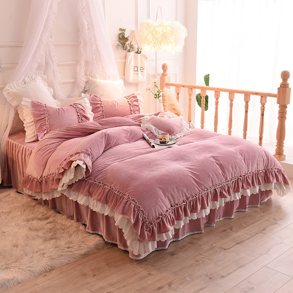 100%cotton thick quilted lace bedding set king queen twin size bed set princess korean girls white pink bed skirt pillowcase