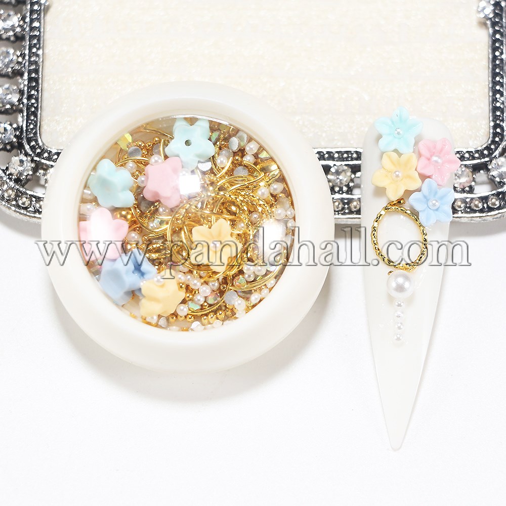 Nail Art Decoration, ABS Imitation Pearl Beads & Resin Cabochons & Metal Findings, Mixed Color, 4x1.7cm