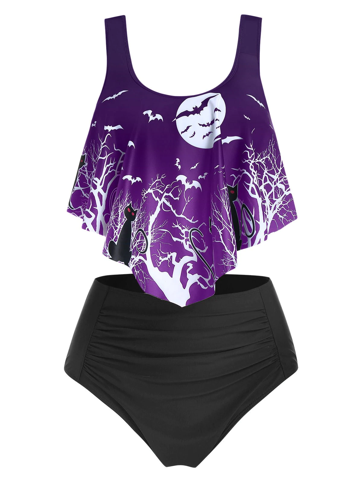Moon Night Bat Print Ruched Tankini Swimsuit