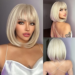 Blonde Bob Wig Platinum Blonde Bob Wig With Bangs 12 inch Short Platinum Blonde Wig With Black Root Synthetic Wigs for Daily Party ChristmasPartyWigs barbiecore Wigs Lightinthebox
