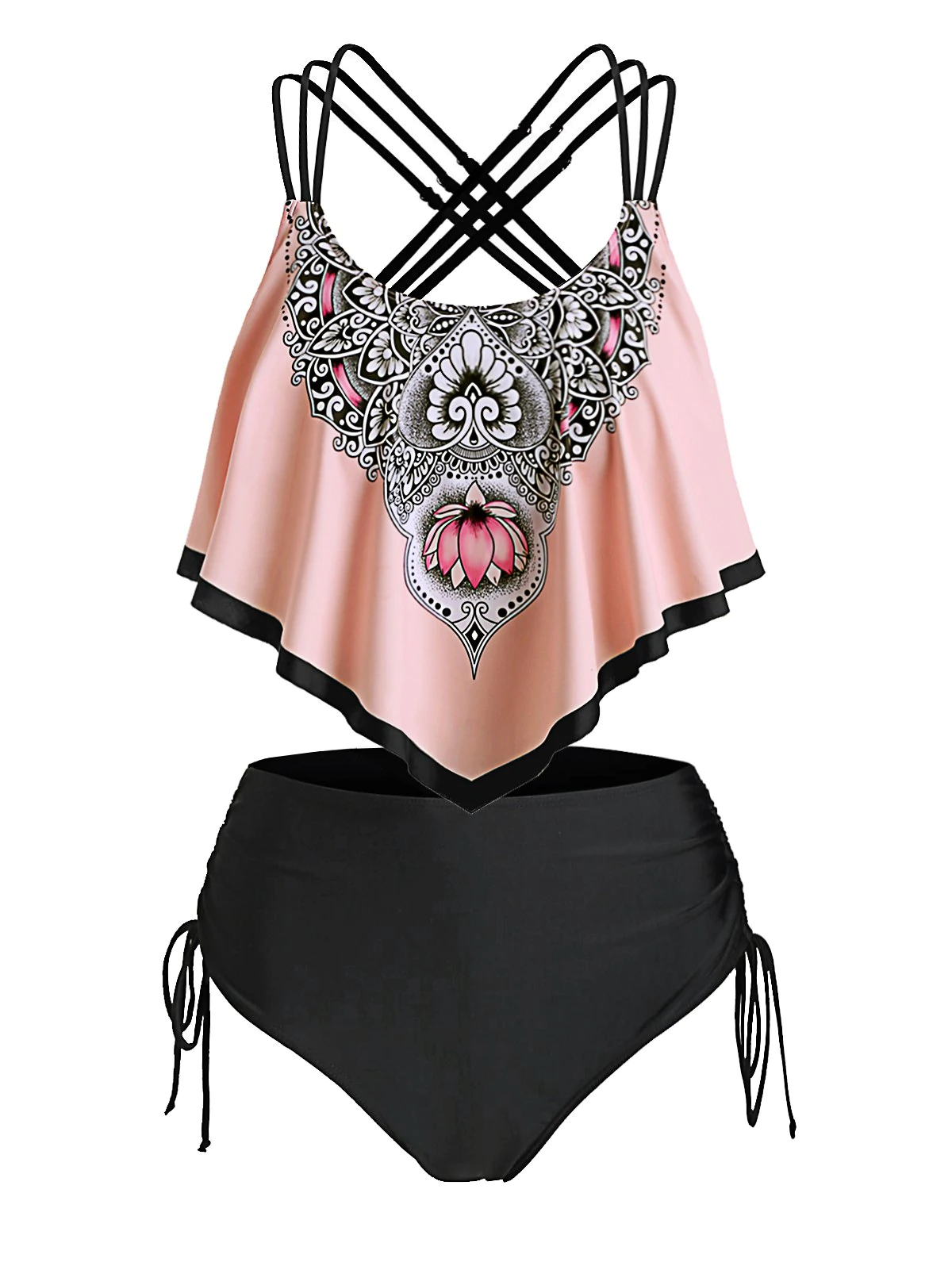 Plus Size Ruffled Cinched Tribal Print Tankini Swimwear