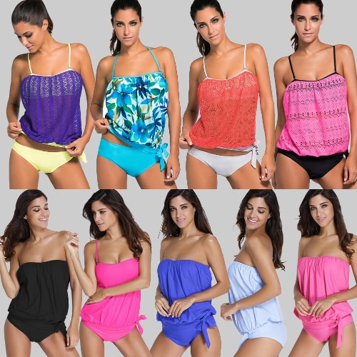 New Women Tankini Set Bandeau Bikini Swimsuit Removable Straps Padded Summer Swimming Suit