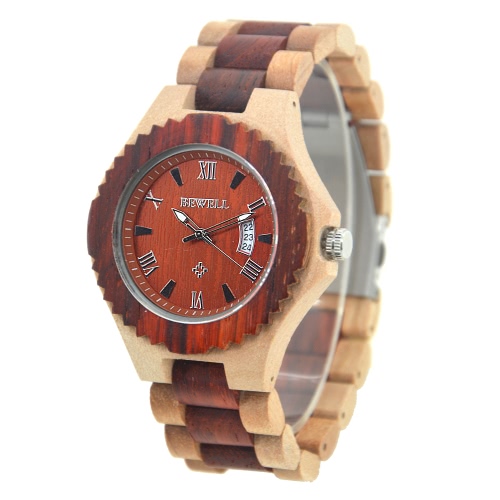 BEWELL 2017 New High Quality Luminous Quartz Men Wooden Watches Luxury Fashion Casual Man Wood Wristwatch Calendar + Watch Box Masculino Relogio