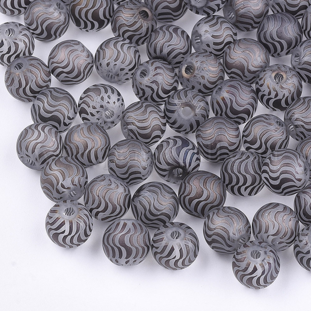 Electroplate Glass Beads, Frosted, Round with Wave Pattern, CoconutBrown, 8~8.5mm, Hole: 1.5mm