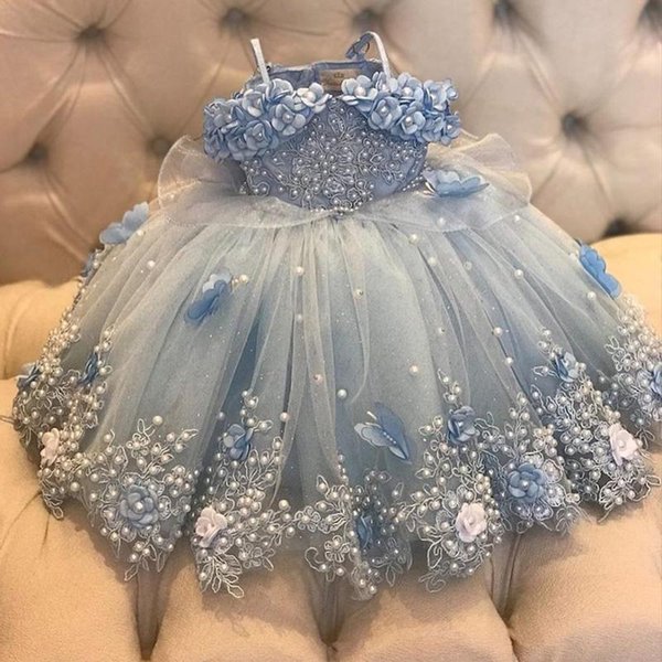 2022 Cute Light Sky Blue Girls Pageant Dresses Princess Tulle Lace Appliques Pearls Kids Flower Girl Dress Ball Gown Birthday Gowns Floor Length Hand Made Flowers