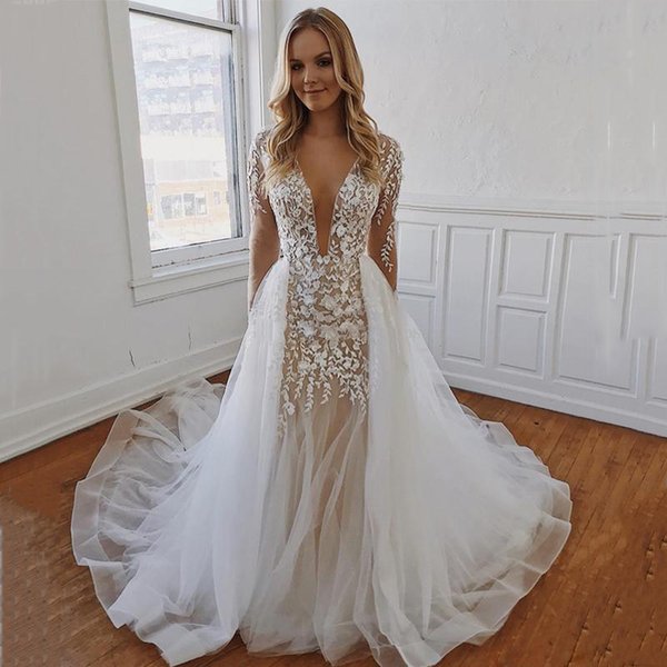 Deep V Neck Long Sleeves Lace Mermaid Wedding Dresses with Detachable Train Tulle Backless Plus Size Boho Bridal Gowns