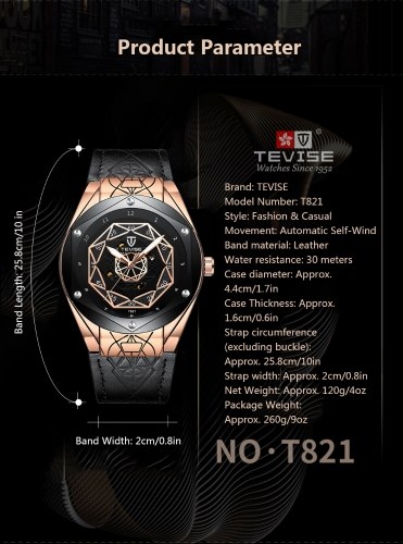 TEVISE T821 Men Brand Watch Automatic Mechanical Watch Waterproof Leather Strap Alloy Case Reinforced Glass Luminous Wrist Watch