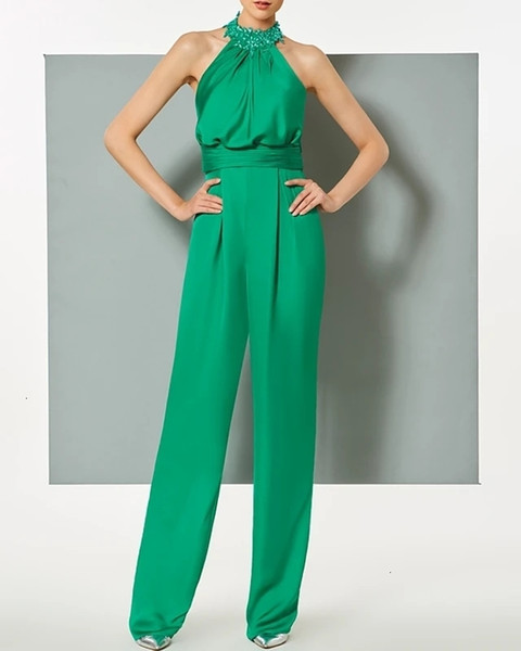 Robe 2021 New De Soriee Fashion Green Jumpsuit Halter Beading Women Pants Suit Engagement Evening Es Custom Made Backless Prom 963K