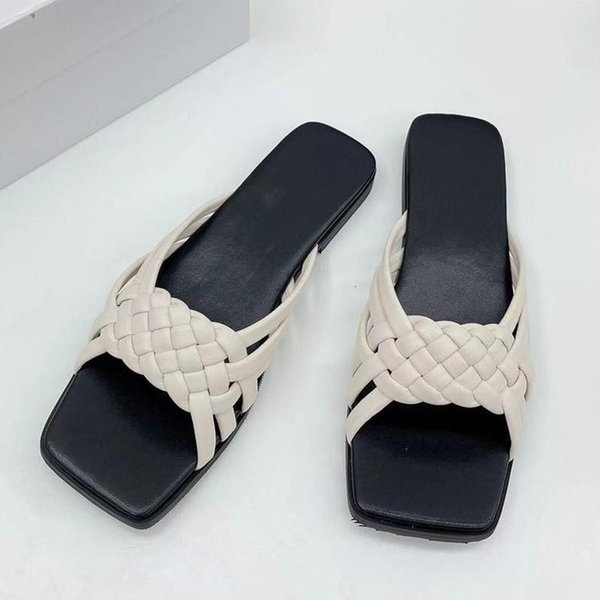 Slippers Weave Design Slides Women Genuine Leather Open Toe Shoes Flats Leisure Summer Beach Mules Fashion Woman Shoe