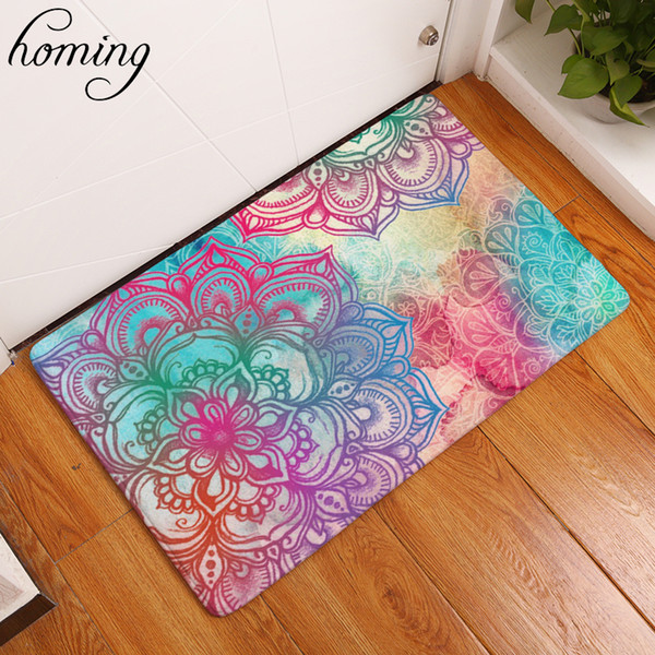 homing durable commercial door mats flannel rainbow color mandala lotus floral rugs anti-slip 40*60cm bedroom bedside foot pads