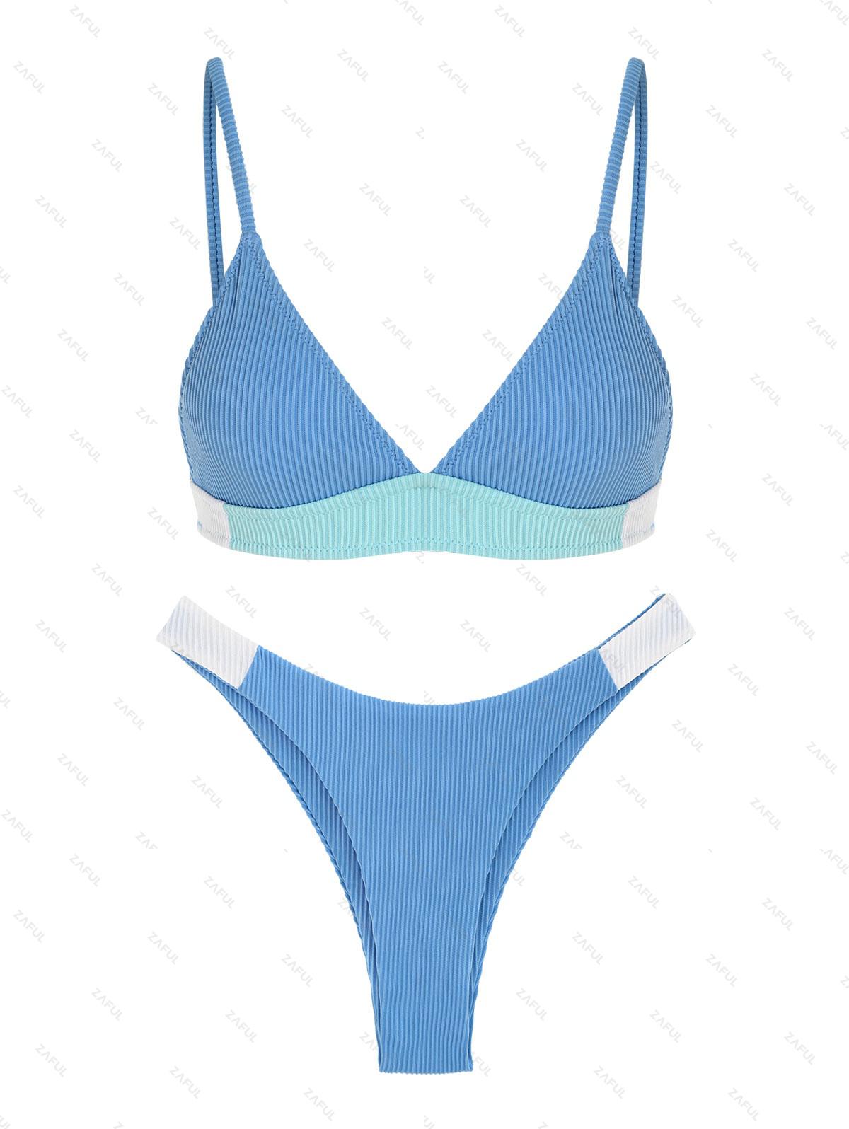 ZAFUL Ribbed Colorblock Cheeky Bikini Swimwear S Blue