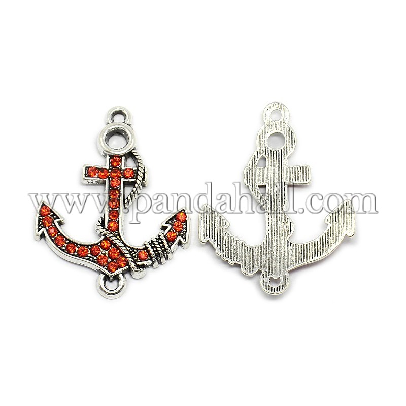 Anchor Antique Silver Tone Alloy Rhinestone Links/Connectors, Hyacinth, 37x29x3mm, Hole: 2mm