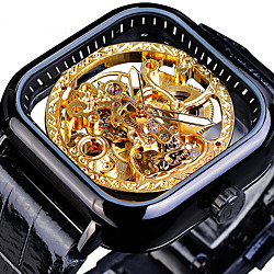 FORSINING Men's Mechanical Watch Automatic self-winding Vintage Style Casual Tourbillon Analog Black / Yellow BlackGrey Blue / Two Years / Leather / Hollow Engraving / Two Years