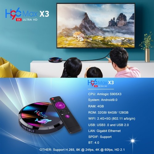 H96 Max X3 Smart Android 9.0 TV Box 4 Go / 128 Go S905X3 Netflix Youtube H96 MAX