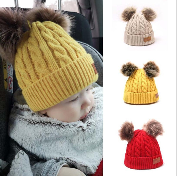 Kids Knitted Hats Crochet Pom Pom Beanies Hat Woven Lovely Twin-Ball Girls Caps Warm Stretchy Cap Children Woolen Knitt Hats Headgear WMQ276