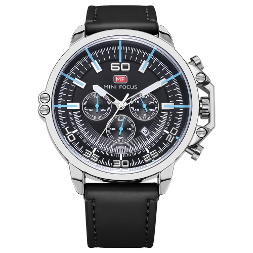 MINI FOCUS Fashion Genuine Leather Men Watches Quartz 3ATM Water-resistant Luminous Casual Man Wristwatch Calendar