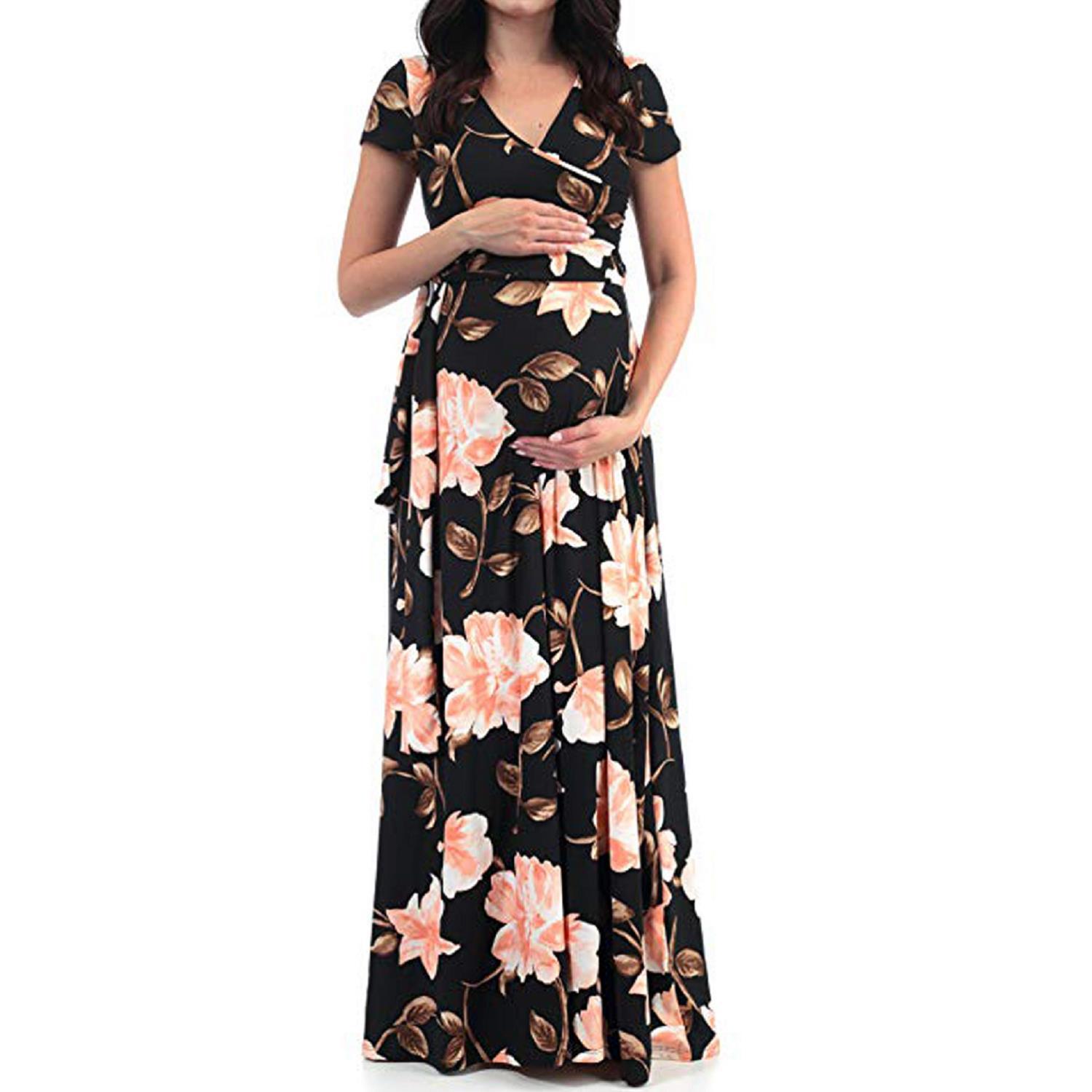 Stylish Floral Print Short-sleeve Maternity Maxi Dress