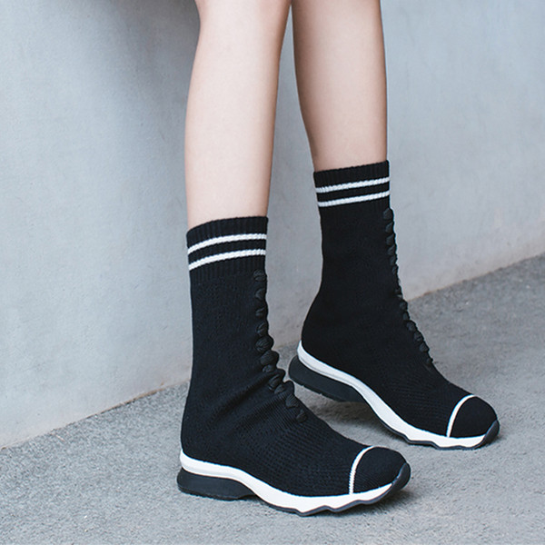 fashion women mid-calf boots casual round toe wedges slim stretch fabric socks shoes woman spring autumn new sneakers