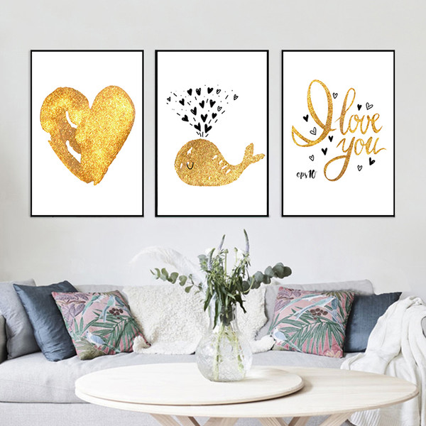 nordic simple cute golden cartoon dolphin love canvas art abstract painting print poster picture wall baby room modern home deco