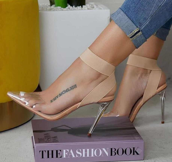 Plus size 35 to 40 41 42 elastic band cross strap nude transparent PVC clear high heels luxury women designer shoes Come With Box